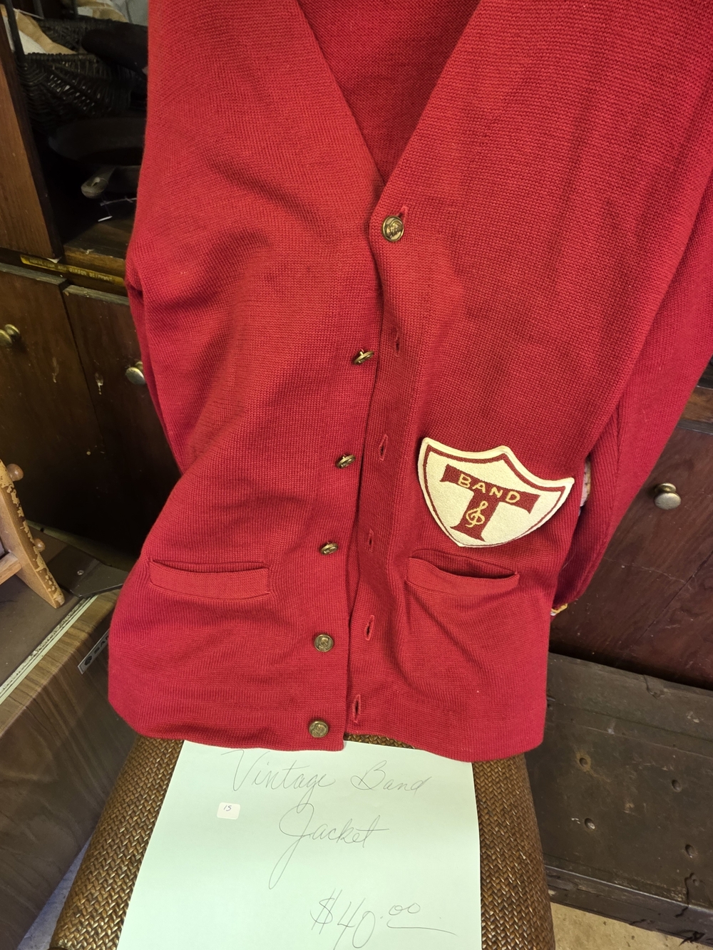 Vintage Red Band Cardigan with Crest Patch
